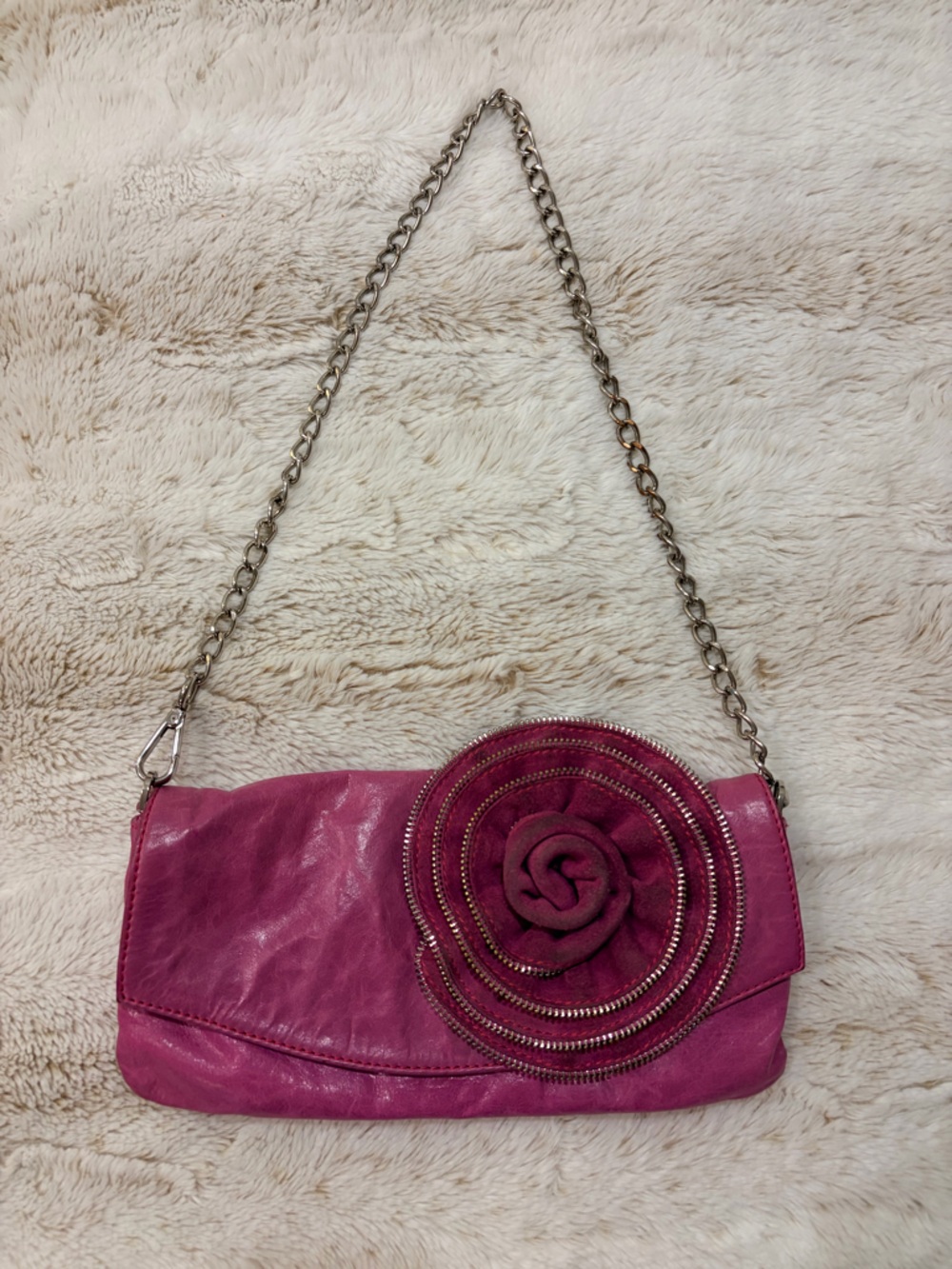 🌸 Vintage Y2K Leather Pink Rose Zip Trim Chain Going Out Bag Coquette Fairycore